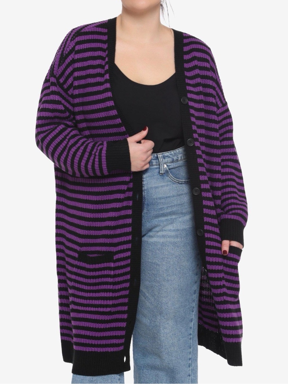 Hot Topic Purple and Black Striped Long Cardigan Button Down